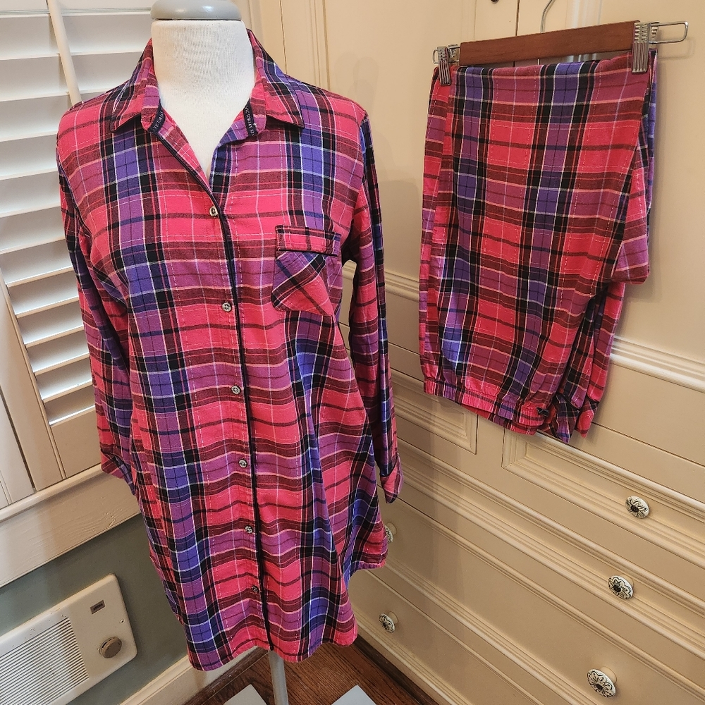 VINTAGE Victoria's Secret Women's Pajama Set Pink/Black Plaid Sz Medium